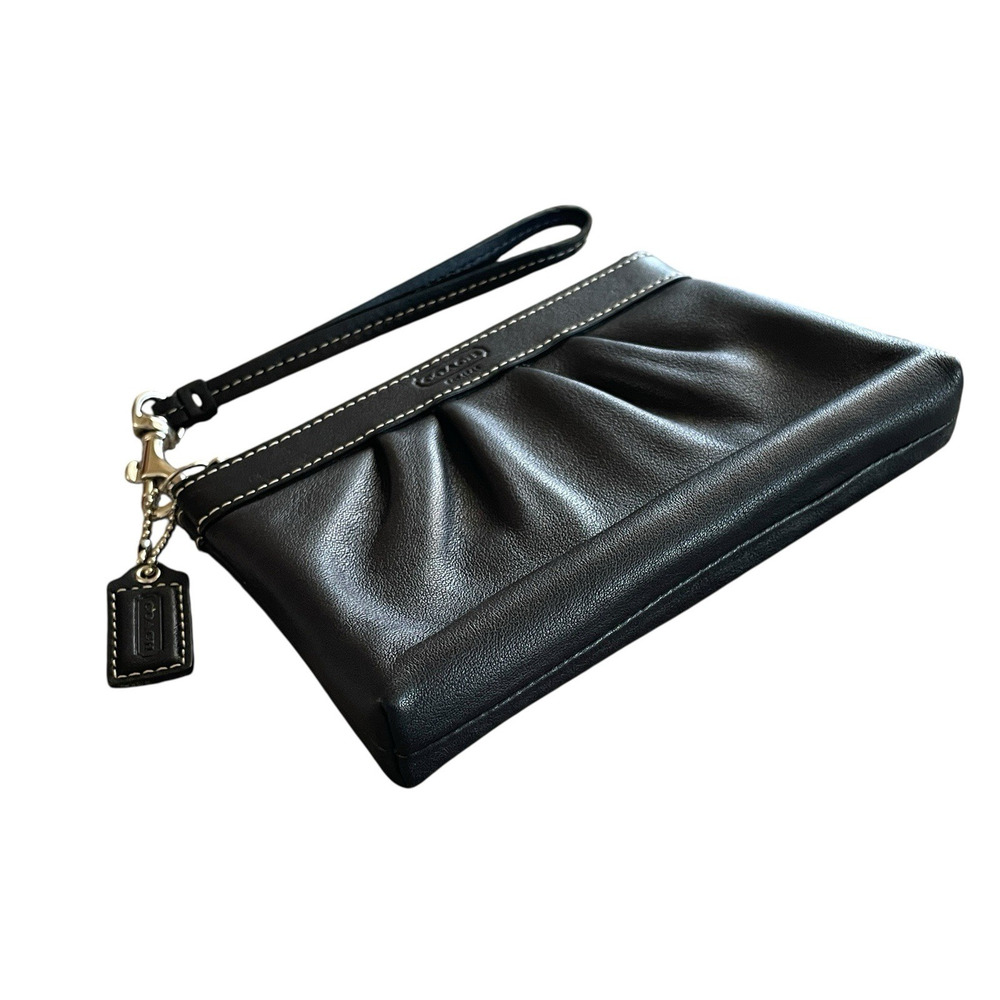 COACH Pleated Black Soft Genuine Leather Small Zip Clutch Wristlet Bag Hang Tag